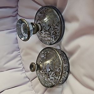 Vintage Glass Powder Room Set. 1 Bottle and 1 Trinket Painted with Silver.